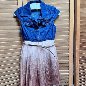 Girls Denim and Tulle Peach Sparkle Dress